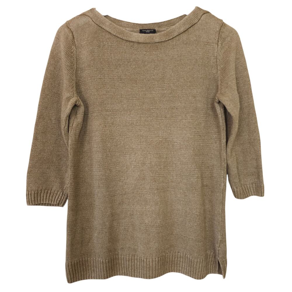 Talbots 100% Linen Tan Sweater MP Bateau Neck 3/4 Sleeve Coastal Grandma
